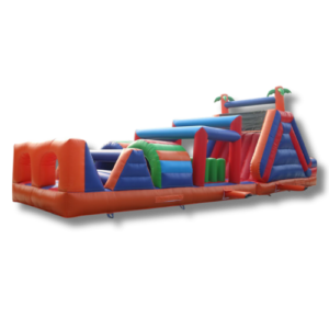 Kids and adults racing on the Tropical Extreme Obstacle Course inflatable