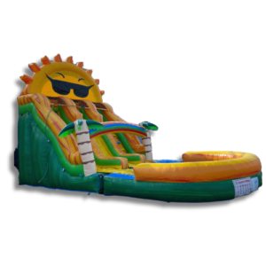 Tropical Water Slide Rental setup with palm tree design for outdoor parties